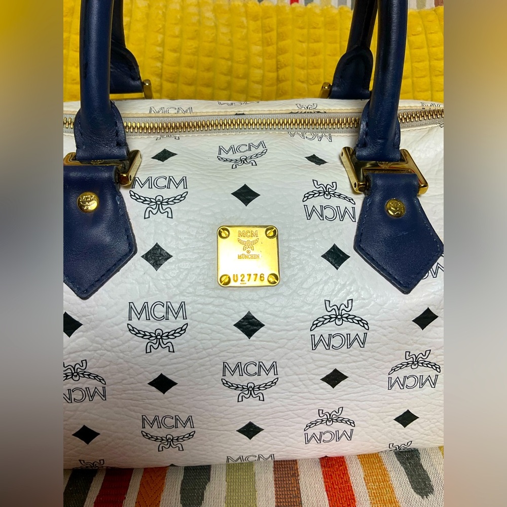 MCM Vintage White & Blue Monogram Visetos Boston Bag. Comes with COA. - Picture 2 of 13
